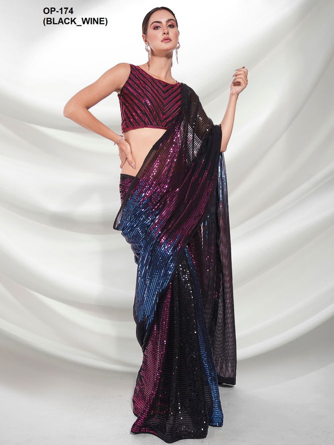 Laxminam OP 174 Black And Wine Georgette Party Wear Sarees Wholesale Clothing Distributors In India