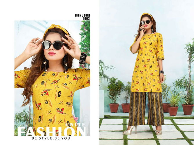 Ft Bonjour Latest Fancy Regular Wear Rayon Printed Kurti With Bottom Collection