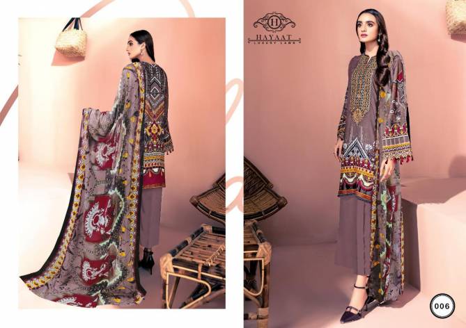 Hayat Luxury Lawn Karachi Latest Fancy Festive Wear lawn cotton Top And Bottom With Mal Mal Printed Dupatta Dress Materials Collection