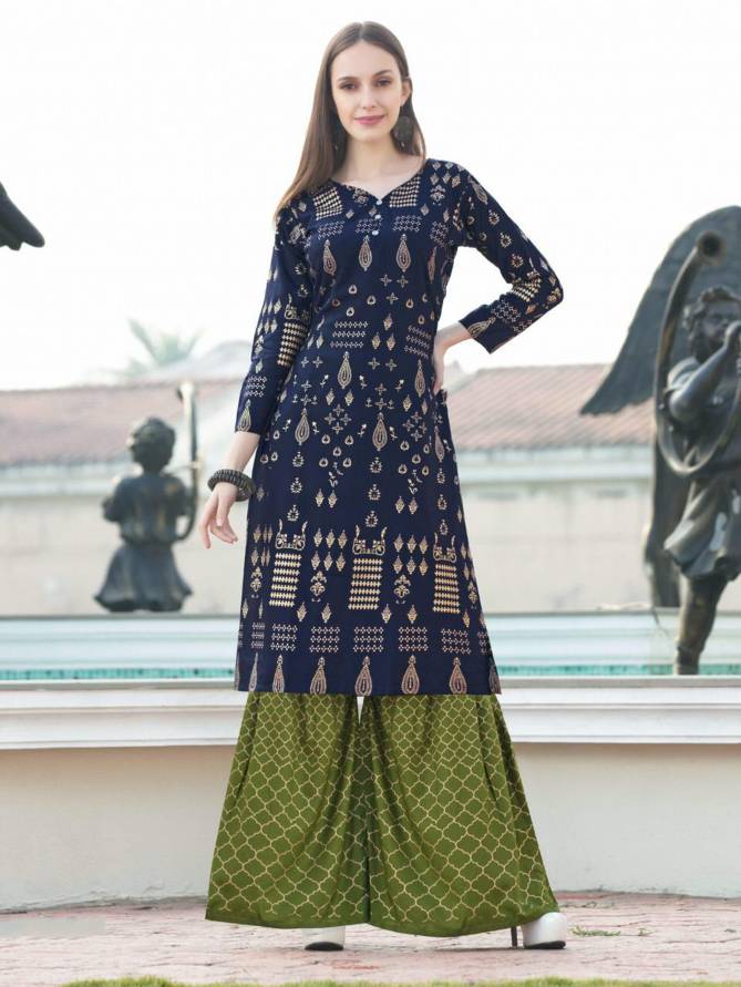 Rimzim 1 Latest Fancy Designer Ethnic Wear Rayon Foil Printed Kurtis With Palazzo Collection
