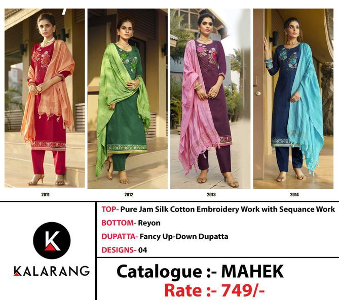 Kalarang Mahek Latest Designer Pure Jam Cotton Embroidery Work Festival Wear Dress Material Collection
