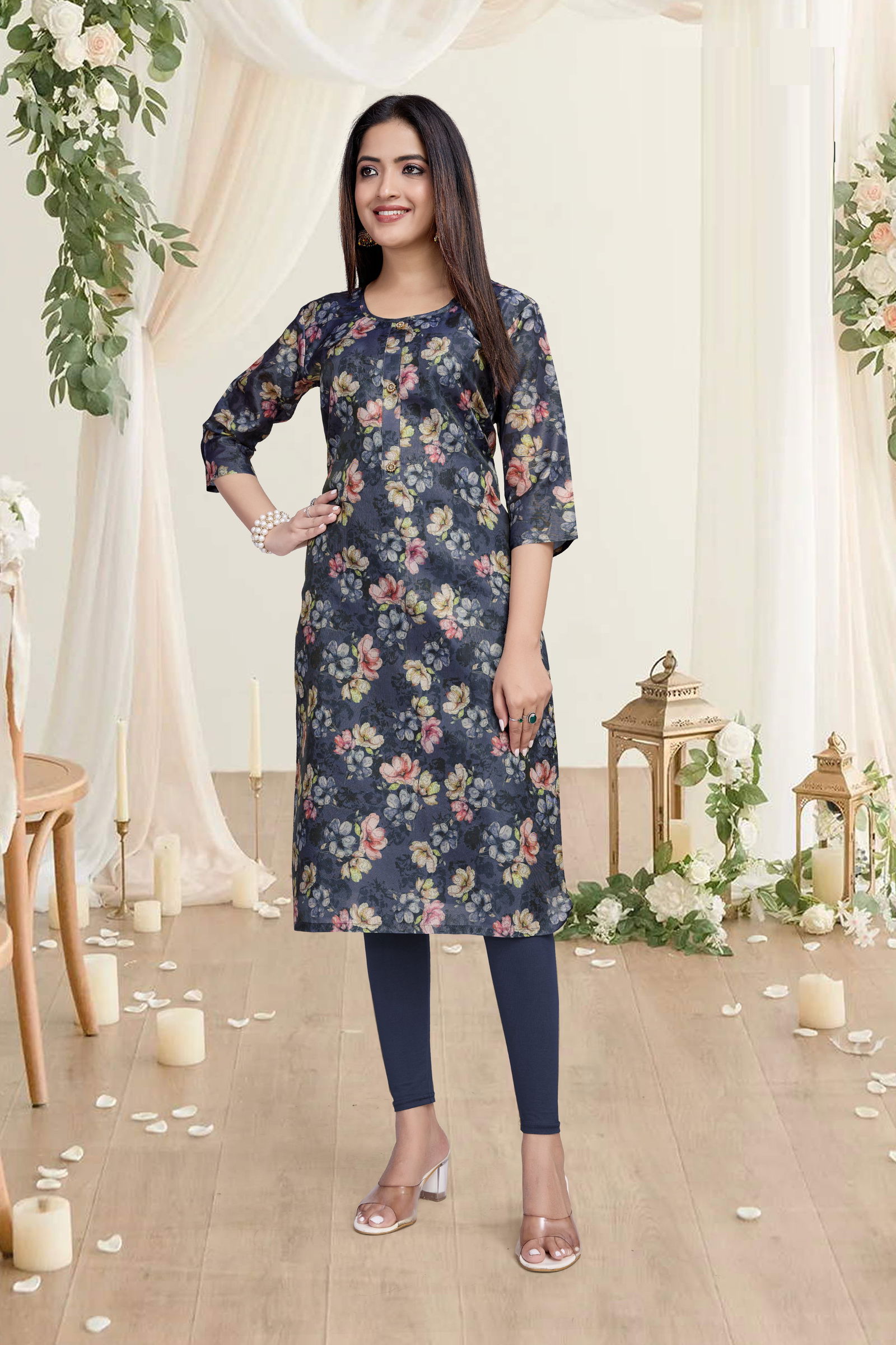 01 Shelly A line Printed Premuim Tissue Simmer Kurti Wholesale Shop In Surat