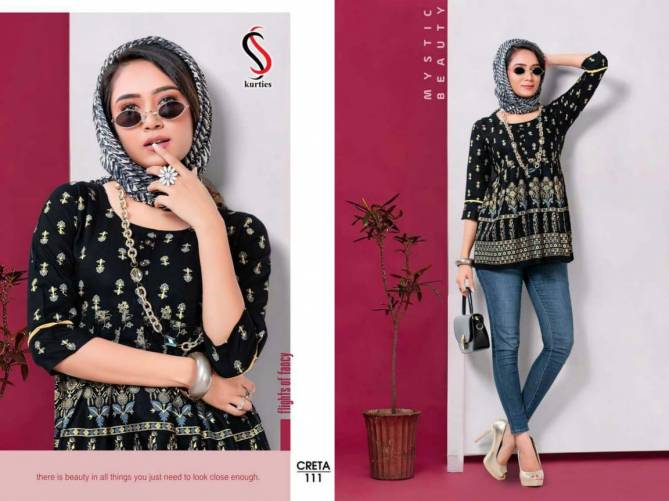 Ss Creta 1 Fancy Designer Casual Party Wear Wester Rayon Printed Stylish Ladies Top Collection

