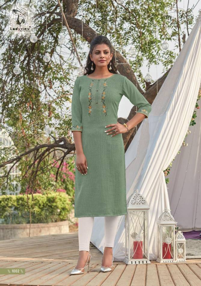 LADYVIEW MADHURIKA Latest Fancy Designer Heavy party wear Lexus Rayon with Value Added Embroidery Work Kurti Collection
