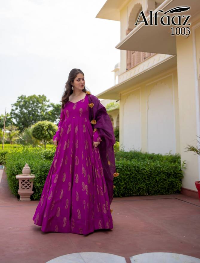 Alfaaz 1 Bandhej Latest Fancy Designer Festive Wear Stylish Masleen Ladies Gown Collection

