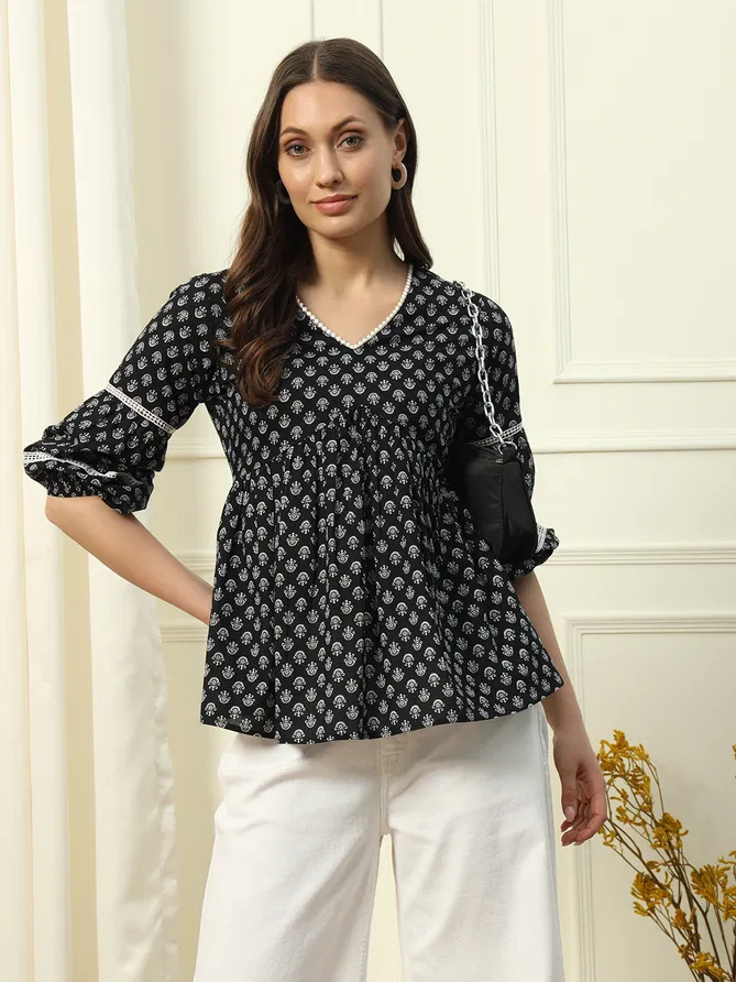 Fiorra TOP010 Black Printed Cotton Western Top Exporters In India