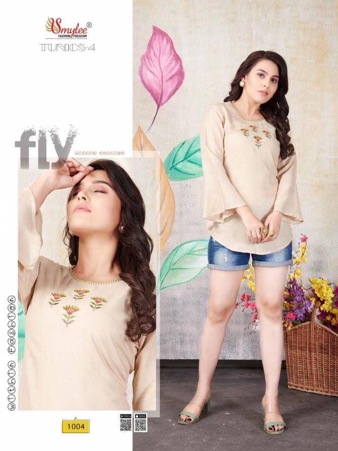 Smylee Tunics 4 latest Designer Casual Wear Embroidery Work Rayon Ladies Top Collection
