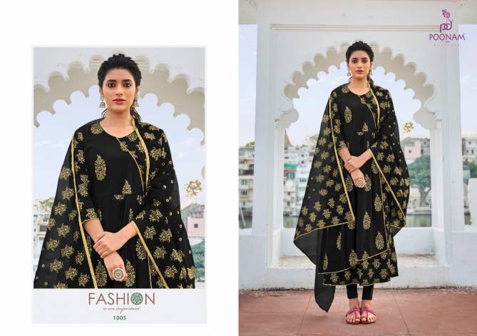 Poonam Anika Latest Fancy Designer Pure malai cotton Double layer Gown With Foil Print Long Kurti With Dupatta Collection
