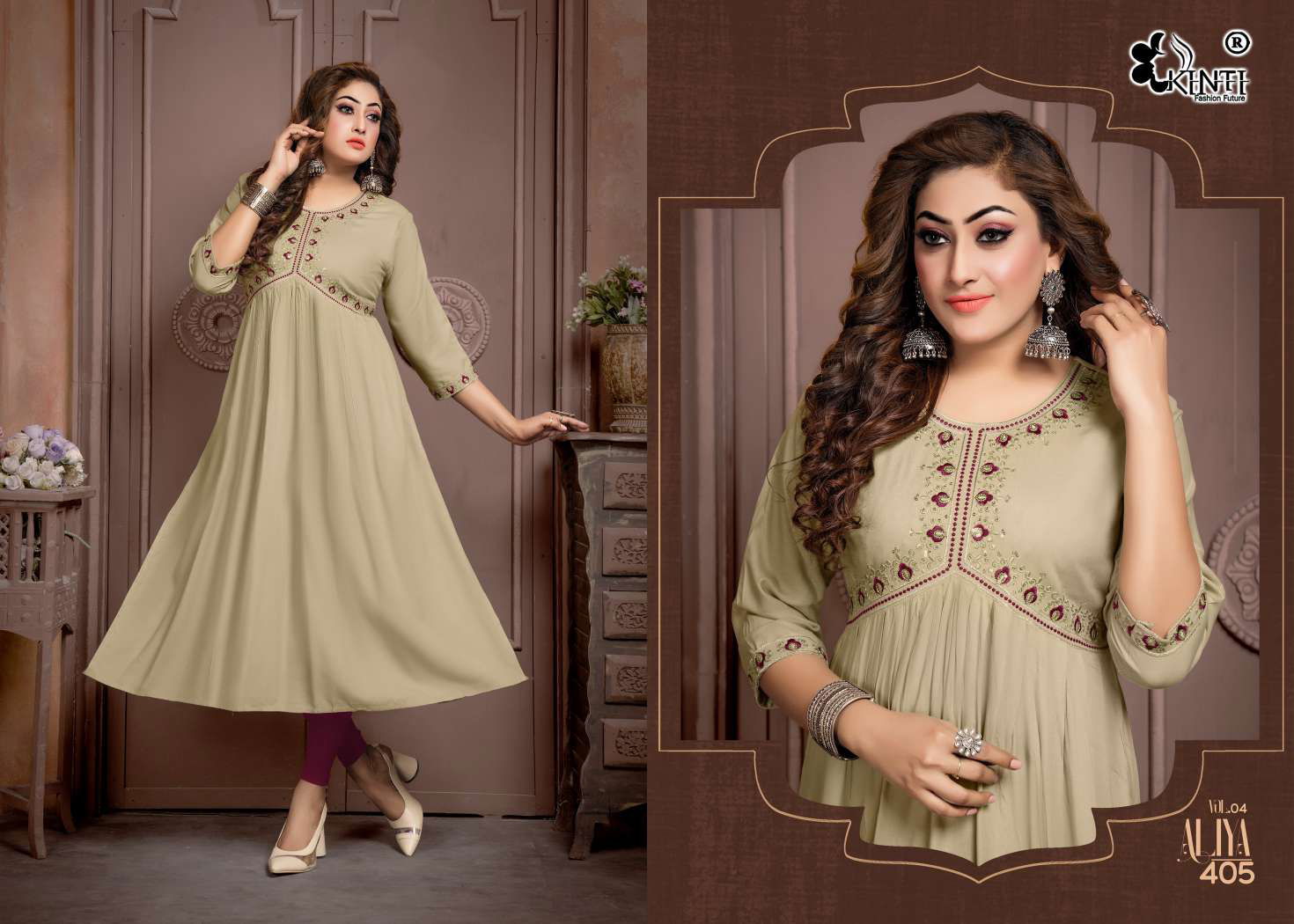 Kinti Aaliya 4 Rayon Embroidery Nayra Cut Kurtis Catalog
