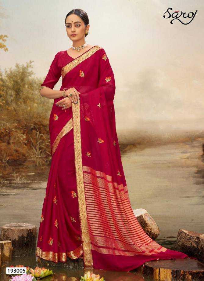  Saroj  Noreen Latest Fancy Multi colore work and chit pallu and border Designer Soft Chiffon Saree Collection