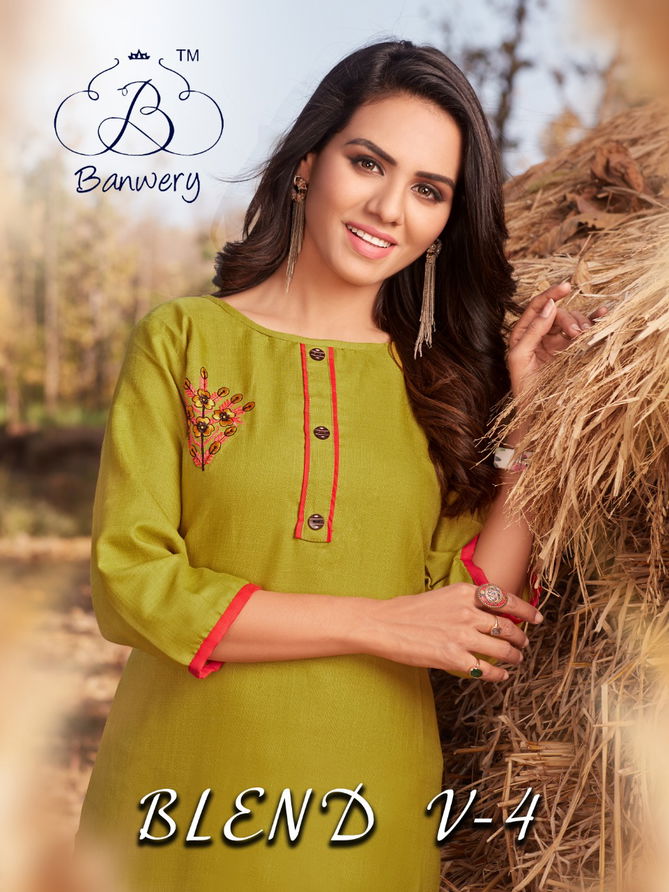 BLEND V-4 DESIGNER HEAVY PREMIUM COTTON WITH EMBROIDERY WORK THREE FOURTH SLEEVES KURTI COLLECTION