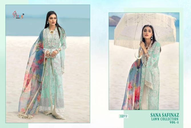 Shree Fab Sana Safinaz Lawn Collection Vol 1 Latest Heavy Designed Pakistani Salwar Suit Collection Butterfly Net With Heavy Embroidery Work And Chiffon Printed Dupatta