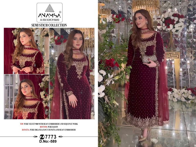 Anamsa 589 Velvet Embroidery Pakistani Dress Material Wholesale Market 