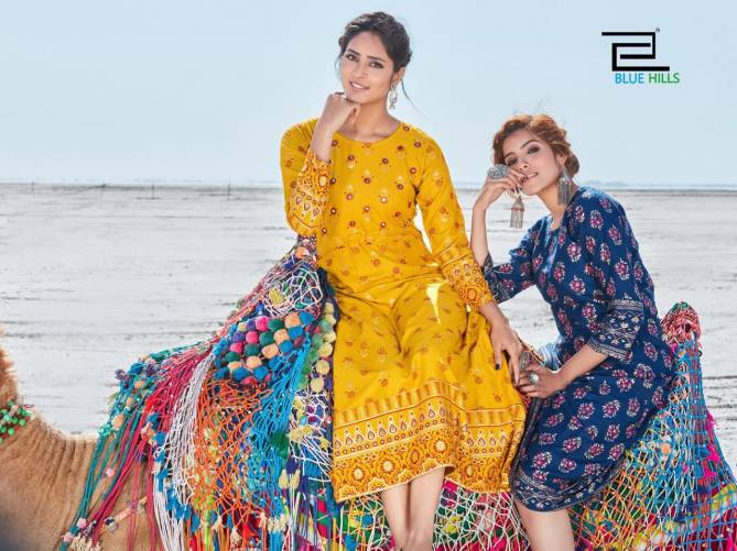 BLUE HILLS DESSERT VOL-01 Latest Fancy Designer Heavy Casual Wear Rayon Mirror Work And Printed Kurtis Collection