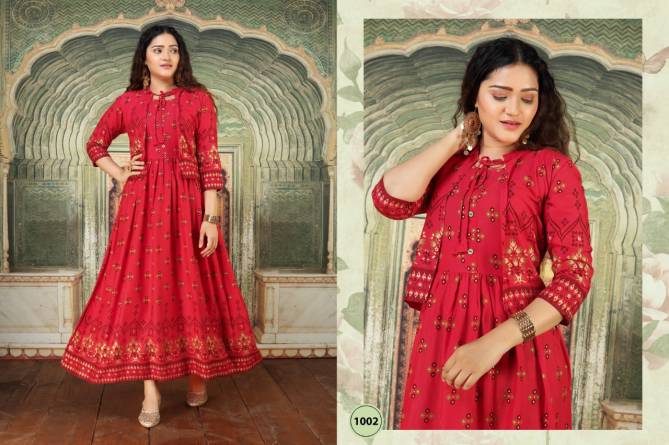 Ft Palak Flair Style Latest Fancy Designer Heavy Casual Wear Rayon Long Gold Printed Kurtis Collection
