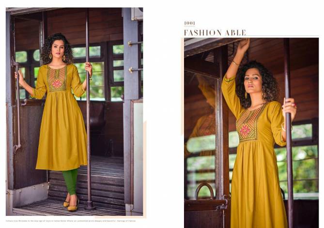 Poonam Sahiya Pure Malai Ethnic Wear Rayon Embroidery Latest Kurtis Collection
