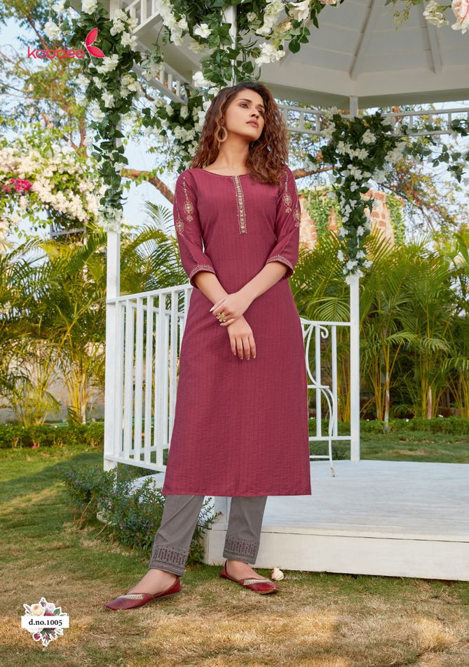 Koodee Sanvi 1 Latest fancy Festive Wear Viscose Embroidery Work Kurtis With Bottom Collection
