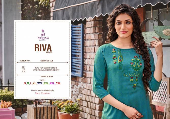 Poonam Riva 5 Premium Fancy Casual Wear Cotton Embroidery Work Designer Kurtis Collection
