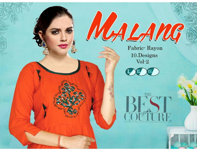 Trendy Malang 2 Latest Festive Wear Rayon With Handwork Designer Kurtis Collection
