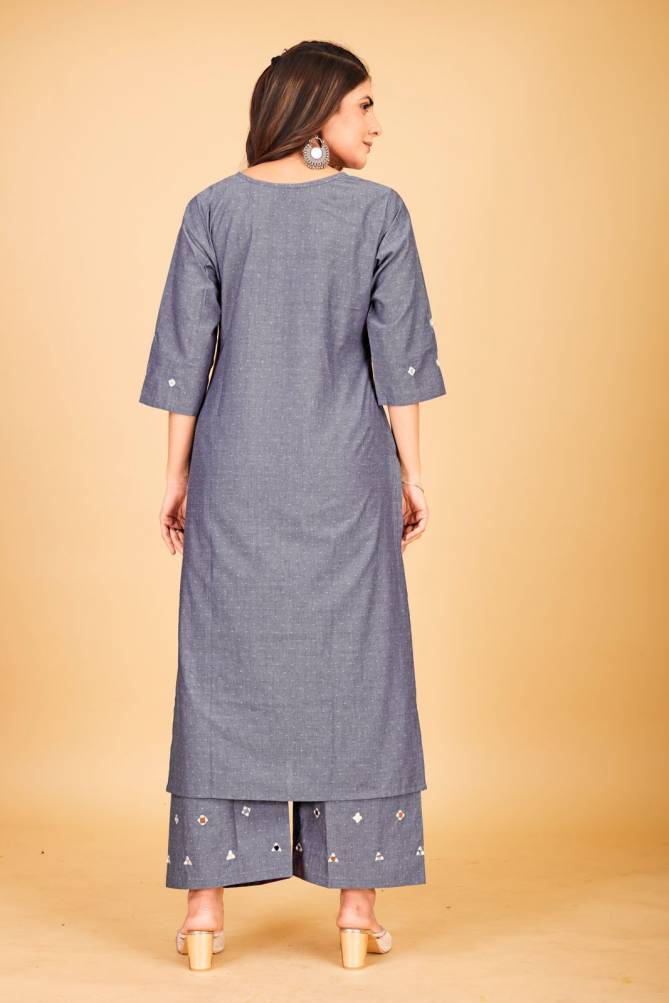 Gangotri By Seamore Mirror Work Denim Cottont Wear Women Kurta With Palazzo Orders In India