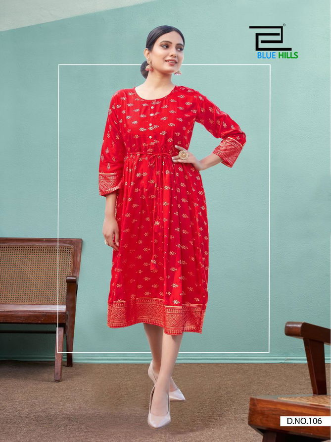 Blue Hills Shine Latest Fancy Designer Ethnic Wear Rayon Gold Print Kurtis Collection
