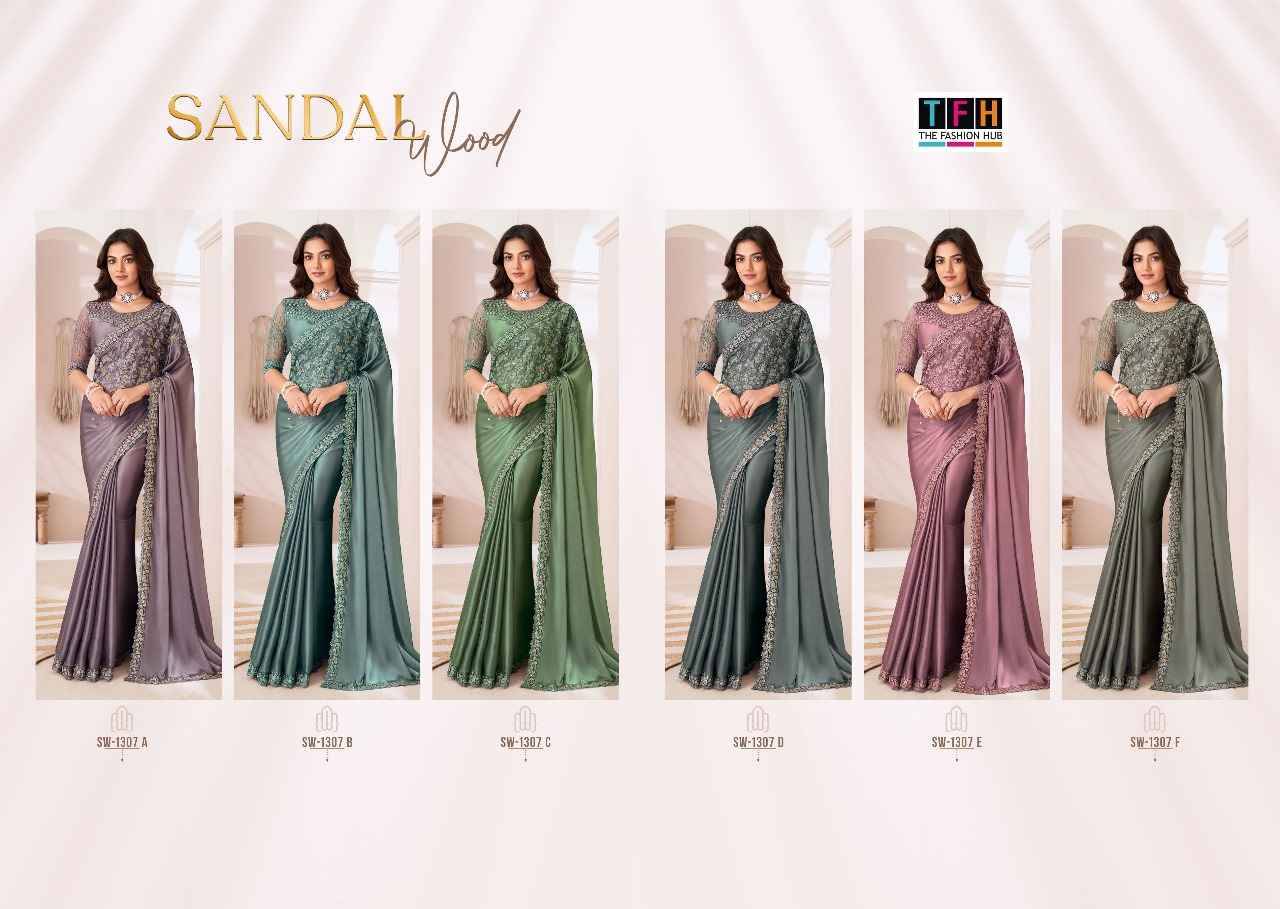 Sandal Wood 1307 By Tfh Sartin Chiffon Saree With Work Wholesale Manufacturer