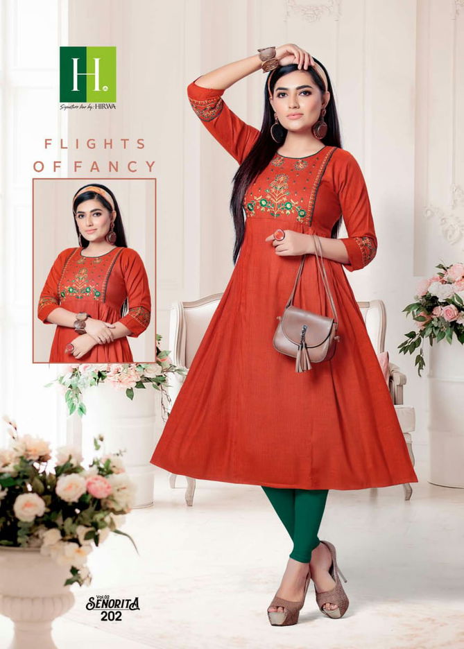 Hirwa Senorita 2 Latest Designer Fancy Embroidery Rayon Anarkali Worked Kurtis Collection
