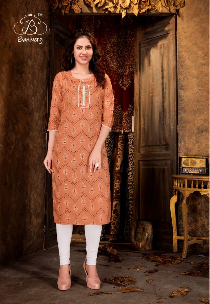 BANWERY KIZIE Latest fancy Ethnic Wear Heavy Rayon Print With Pum Pum Lace Border Kurtis Collection 