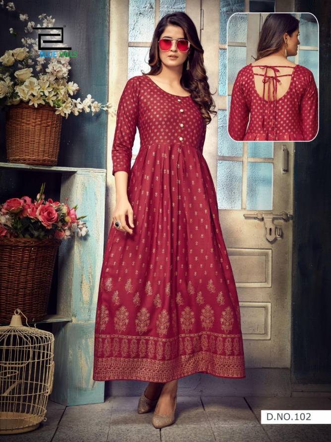 Blue Hills Show Off Fancy Latest Designers Festive Wear Long Rayon Printed Kurti Collection
