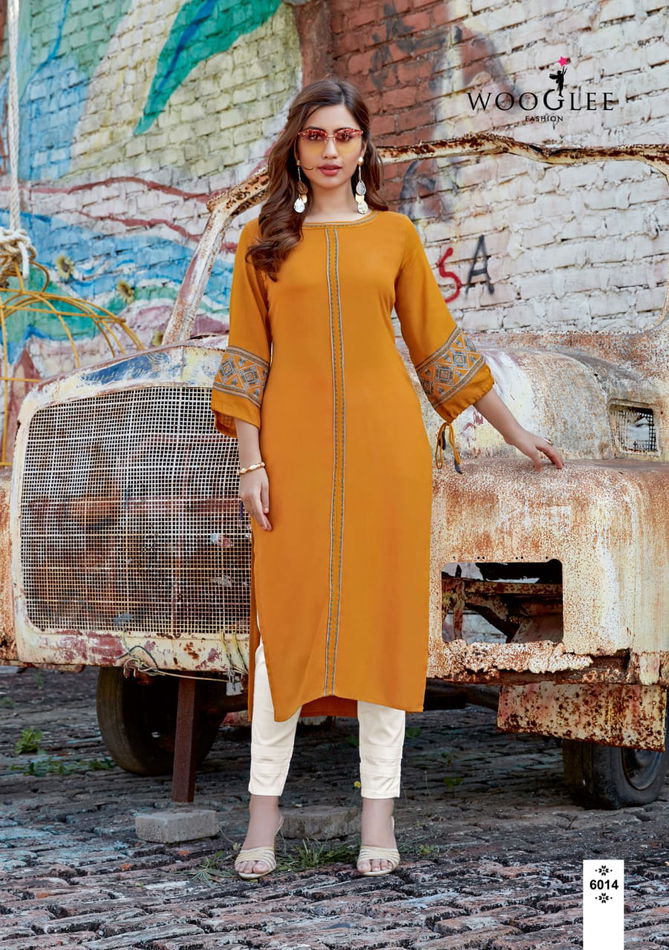 Wooglee Kesar Staright Fancy Festive Wear Heavy rayon Embroidery Work Kurti With Bottom Collection
