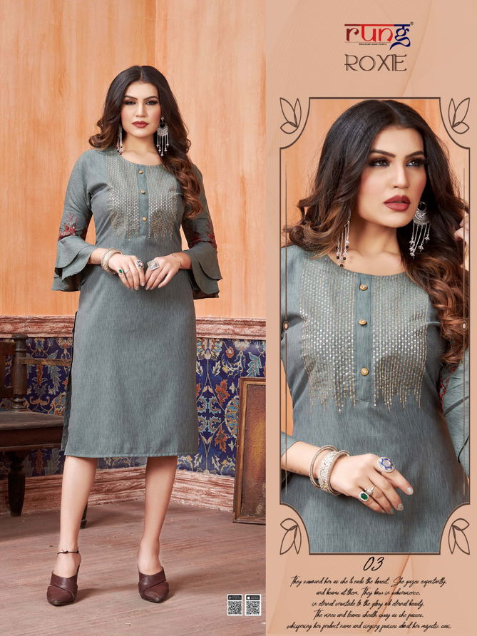 RUNG ROXIE Heavy Luxuriya Rayon With Manual Embroidery With Sequence Work Fancy Kurtis Collection