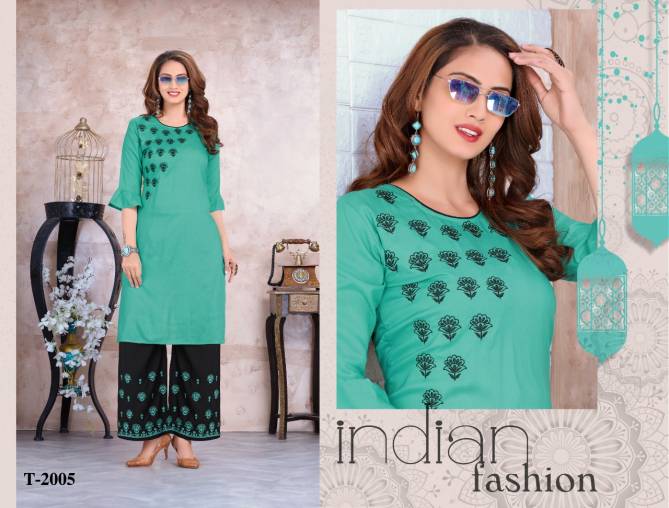 Trendy Colours Latest Fancy Designer Heavy Rayon Casual Wear Embroidery Kurti With Bottom Collection
