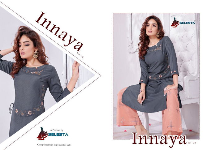 Selesta Innaya 2 Latest Designer Ethnic Wear Chenon silk self Buti with cotton lining Kurtis With Bottom Collection
