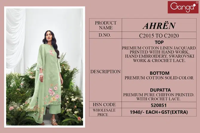 Ahren By Ganga Cotton Linen Designer Dress Material Wholesale Market In Surat