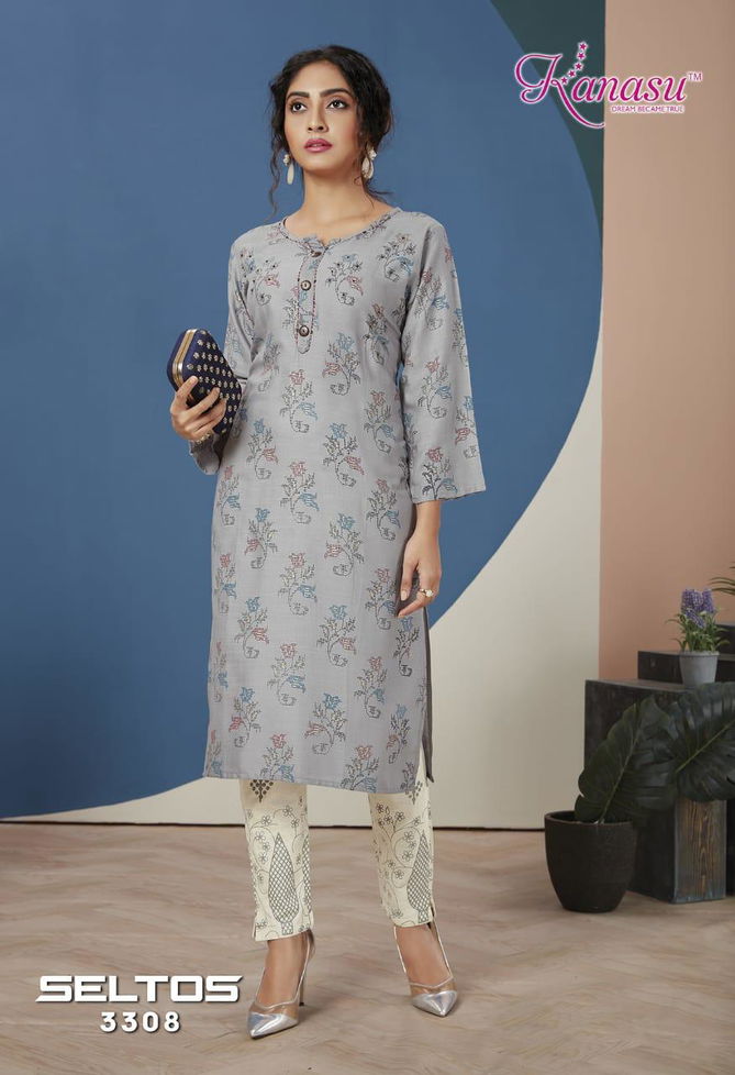 Kanasu Seltos fancy Designer Heavy Latest Ethnic Wear Rayon Slub Flex print Pent Kurtis With Bottom Collection
