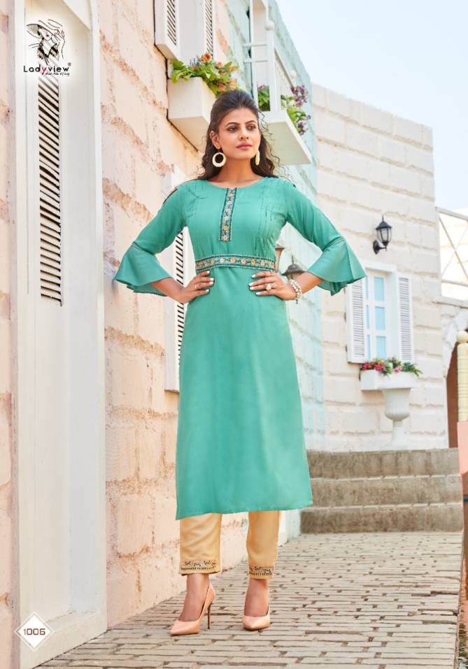 Ladyview Beltom Rayon Embroidery Work Kurtis With Attached Belt and Pant Collection
