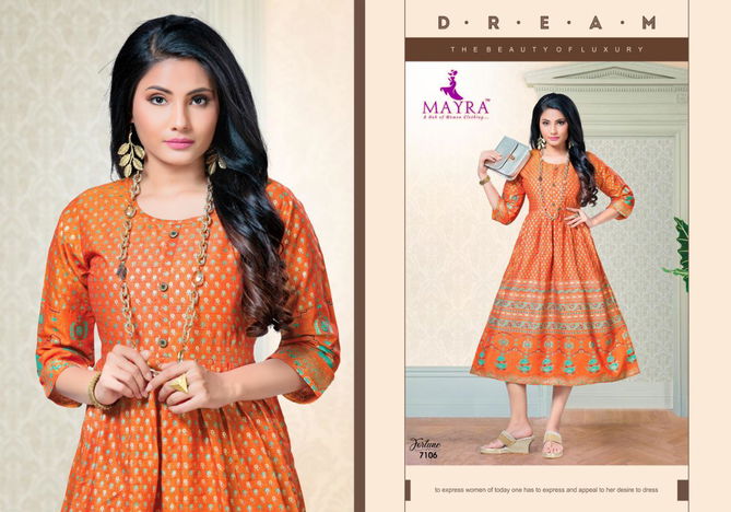 Mayra Fortune Latest Designer Fancy Flair Style Casual Wear Rayon printed Kurtis Collection
