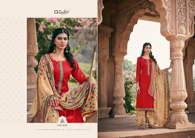 Zulfat Patiala Latest Regular Casual Wear Pure Heavy Jam Cotton Elegantly Stitched Kashmiri style Tie and daman stitched Lace Dress Material Collection
