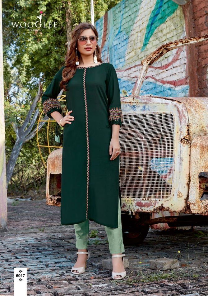 Wooglee Kesar Staright Fancy Festive Wear Heavy rayon Embroidery Work Kurti With Bottom Collection
