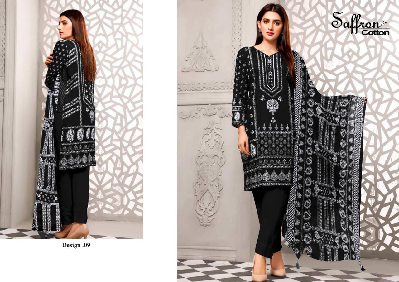 Saffron Latest Fancy Designer Casual Wear Black And White Printed Cotton Dress Material Collection
