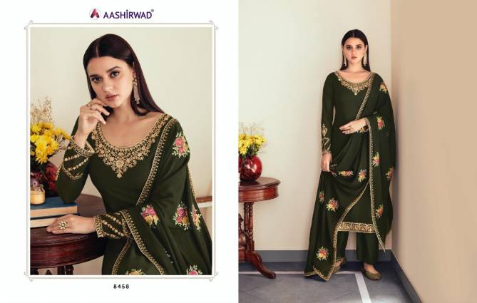 Aashirwad Sunheri 8458 Designer Festive Wear Real Georgette Embroidery Salwar Kameez Collection
