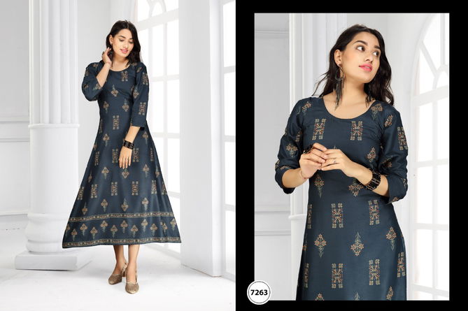 Ft Jaya Rayon Latest Fancy Designer Casual Ethnic Wear Gold Printed Long Kurtis Collection
