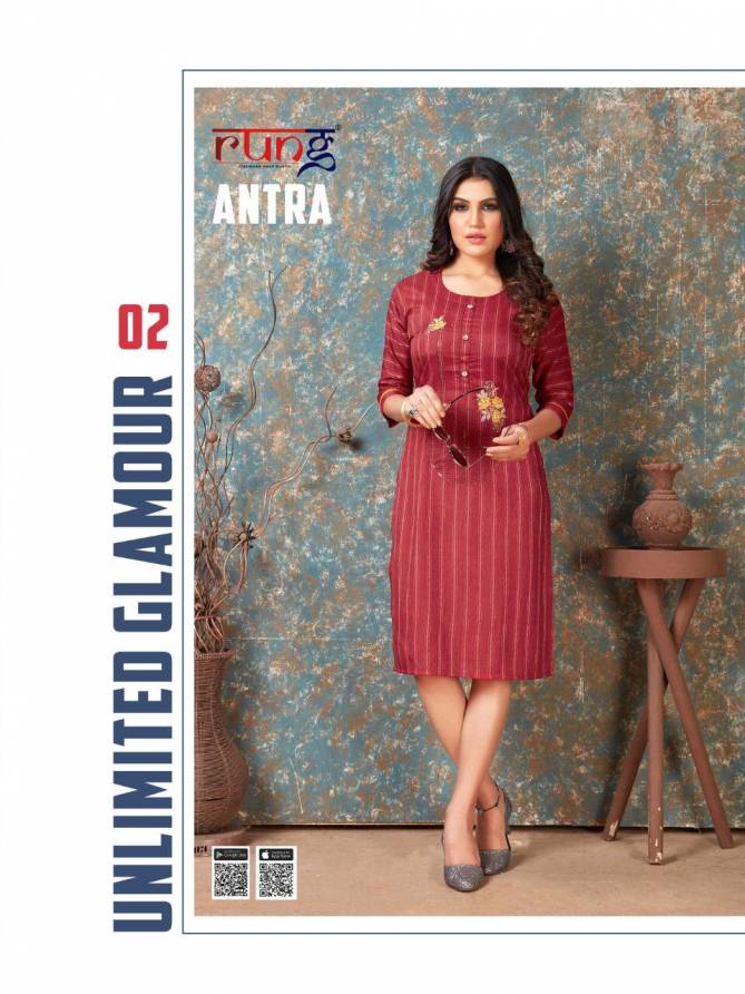 Rung Antra Latest fancy Designer Casual Wear Rayon With Embroidery Work Kurti Collection
