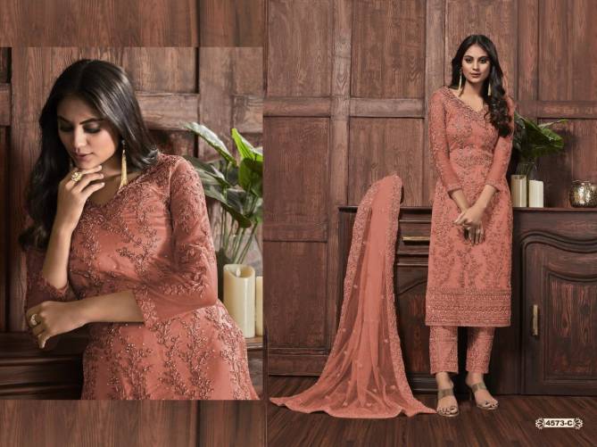 Super Hit 4573 Latest Heavy Net With Heavy Embroidery Work And Cording With Glitter Sequences Work Wedding Wear Salwar Kameez Collection