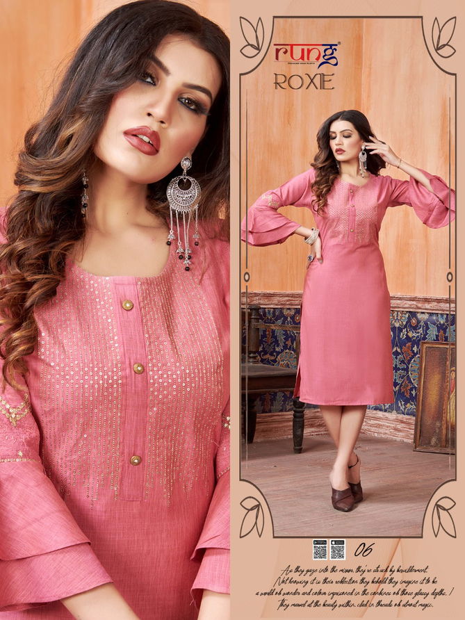 RUNG ROXIE Heavy Luxuriya Rayon With Manual Embroidery With Sequence Work Fancy Kurtis Collection