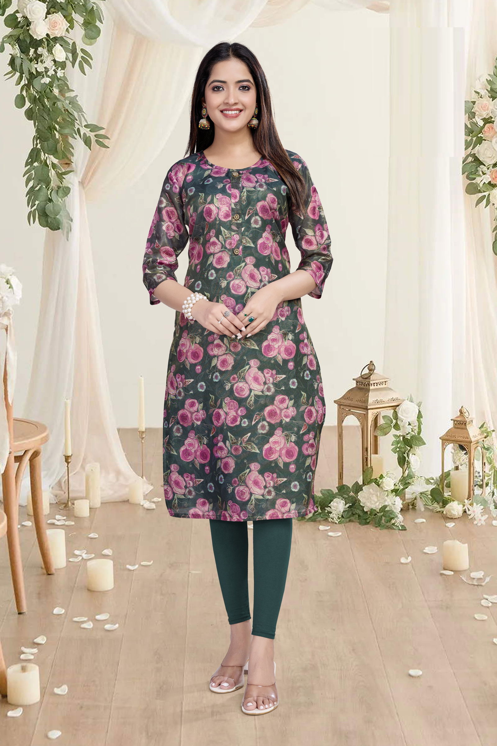 01 Shelly A line Printed Premuim Tissue Simmer Kurti Wholesale Shop In Surat