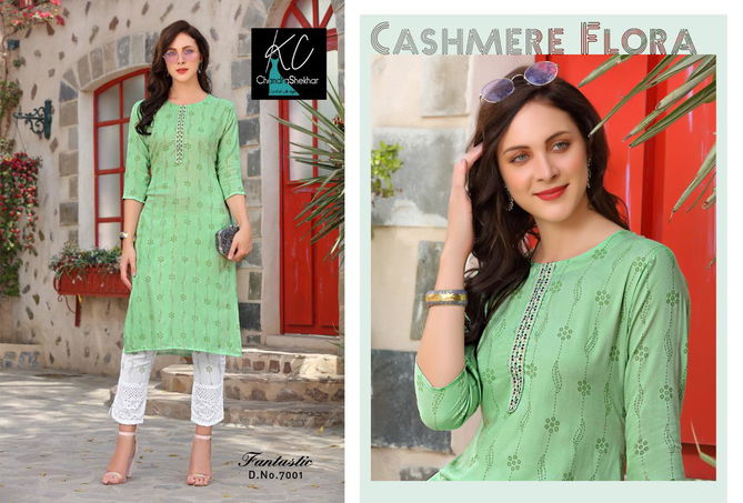 Kc Fantastic 7 Latest Fancy Casual Wear Rayon printed top with heavy neck work Kurti With Bottom Collection
