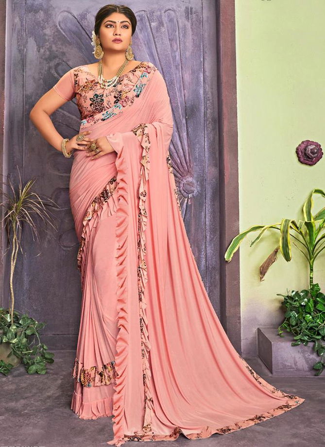 New Designer Lycra Fancy Party Wear Frill Sarees Collection For Women