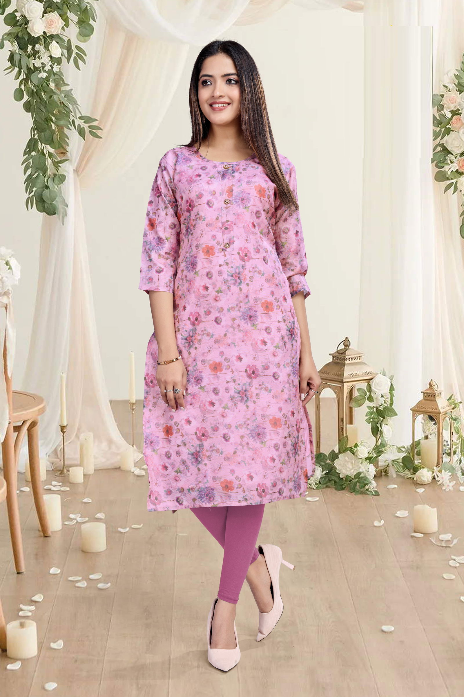 Shelly A line Printed Premuim Tissue Simmer Kurti Suppliers In India