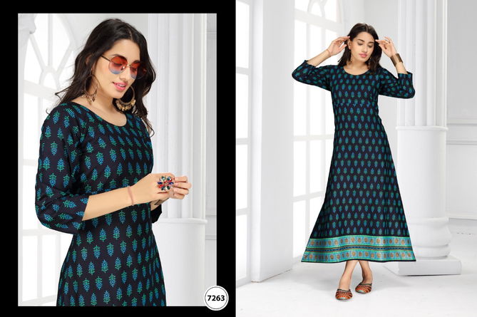 Ft Jaya Rayon Latest Fancy Designer Casual Ethnic Wear Gold Printed Long Kurtis Collection
